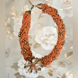 #764 Orange Beaded Statement Flower Necklace | Signed ✴️ Chunky Funky & Bold ✴️